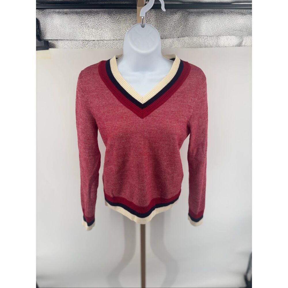 Brooks Brothers Red Fleece Wool V Neck Tennis Sweater Stripe Tipped Size S